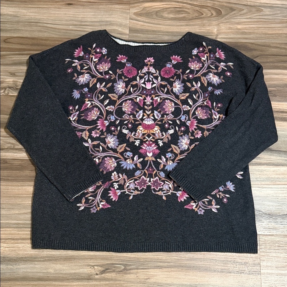 J. Jill Women's XL Enchanted Florals Sweater Gray Purple Cotton Blend Boho